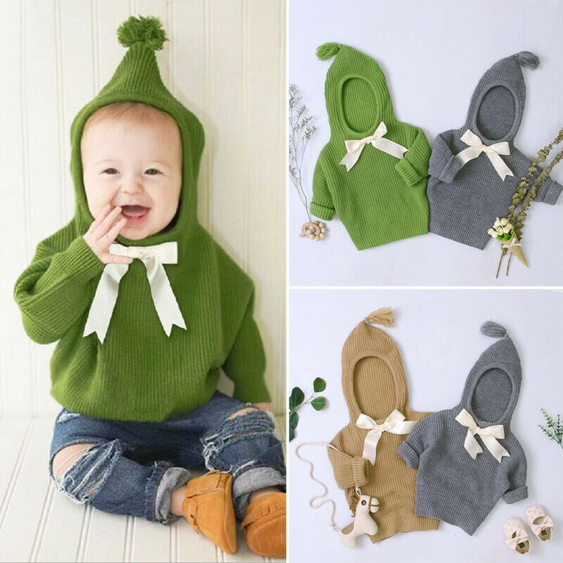 Herbst Herbst Winter Neugeborenen Kleinkind Baby Mädchen Stricken Mit Kapuze Warme Pullover Top Bowknot Feste Kleidung