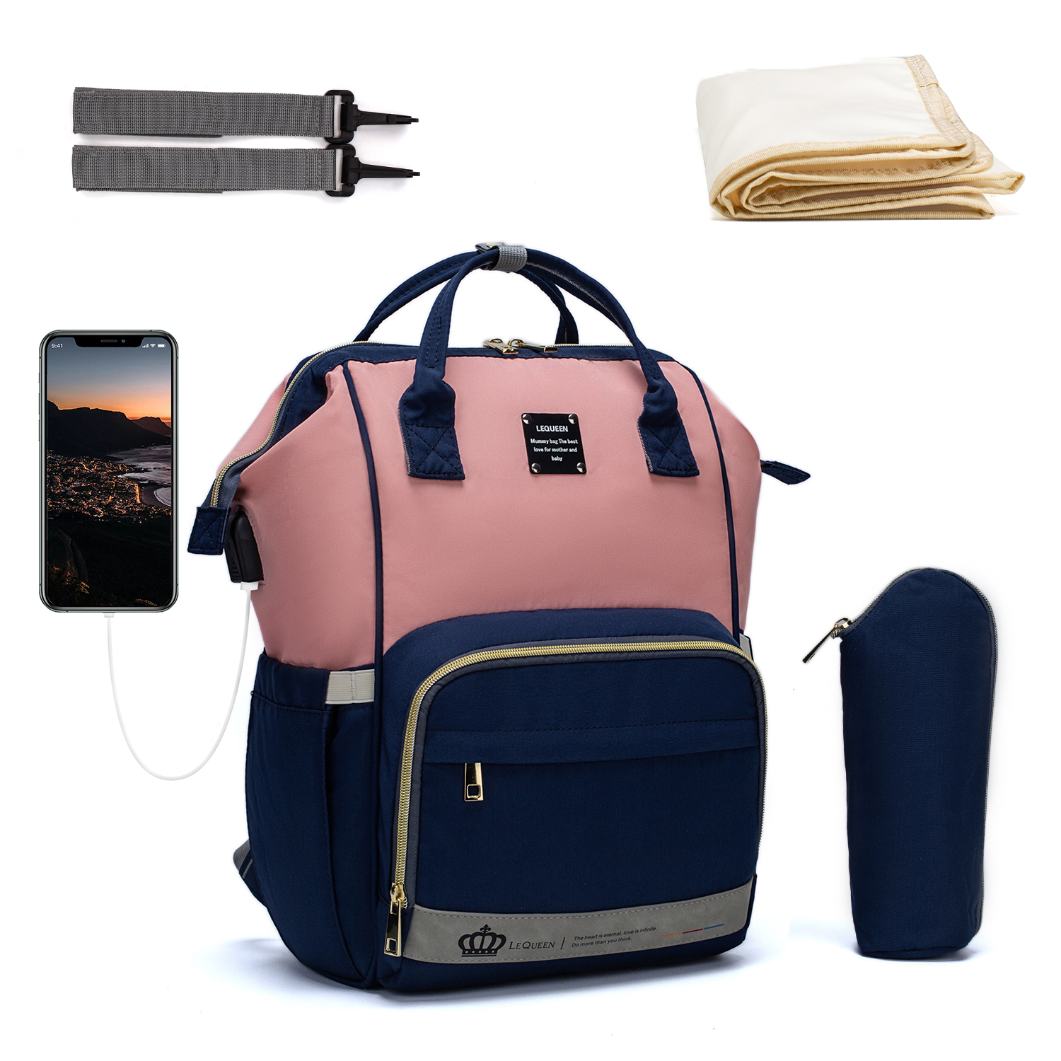 Lequeen Nappy Backpack Bag Mummy Large Capacity Bag Mom Baby Multi-function Waterproof Outdoor Travel Diaper Bags For Baby Care: USB Pink Blue1