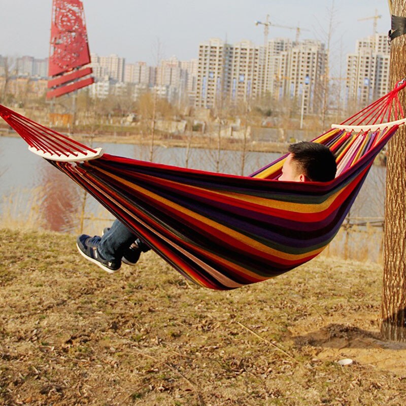 Outdoor Furniture Canvas Fabric Double Wood Spreader Bar Stick Hammock Tent Outdoor Camping Swing Hanging Two-person Hammock Bed