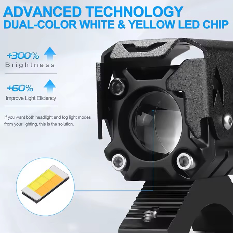 Motocicleta LED Spotlight Projector Lens, Branco Amarelo, Hi, Low Beam, Driving Spot Fog Lights, Auxiliares Faróis Auxiliares