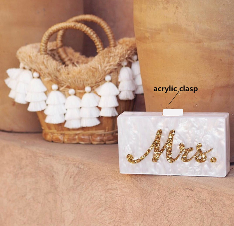 Ins Acrylic Box Clutches Women Lady Evening Brand bag Pearl White with Silver Glitter Gold Glitter Name Mrs Letter