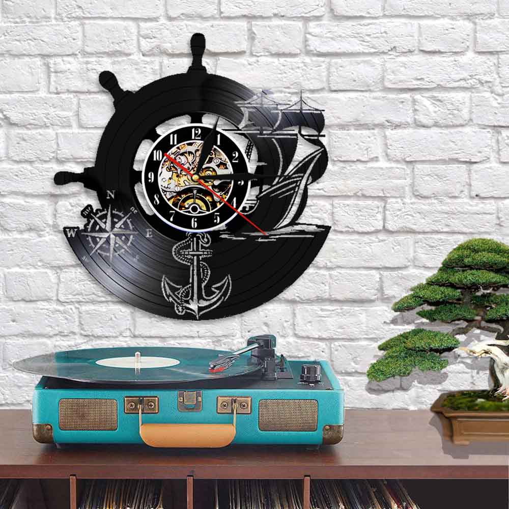 Ancre Vintage Horloge Murale Marin Marine Boussole Disque Vinyle Yachting Voile Moderne Bateau Mer Décor À La Maison Montre Led Lumière