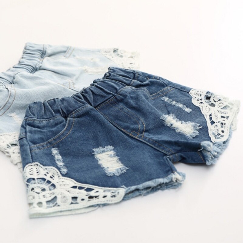 2-12y piger jeansshorts med blonder huler cowboy børn piger søde shorts jeans korte blonder lomme denim shorts børn