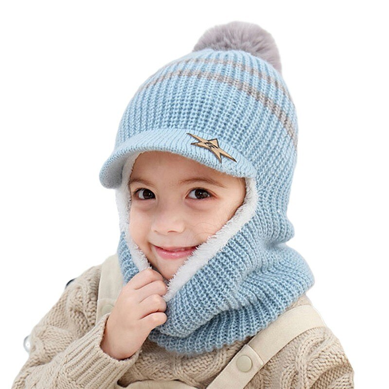 Knit Short Plush Hooded Scarf Kids Hat And Scarf Child Winter Warm Protection Ear Cap Scarves Girls Boy Accessories: blue