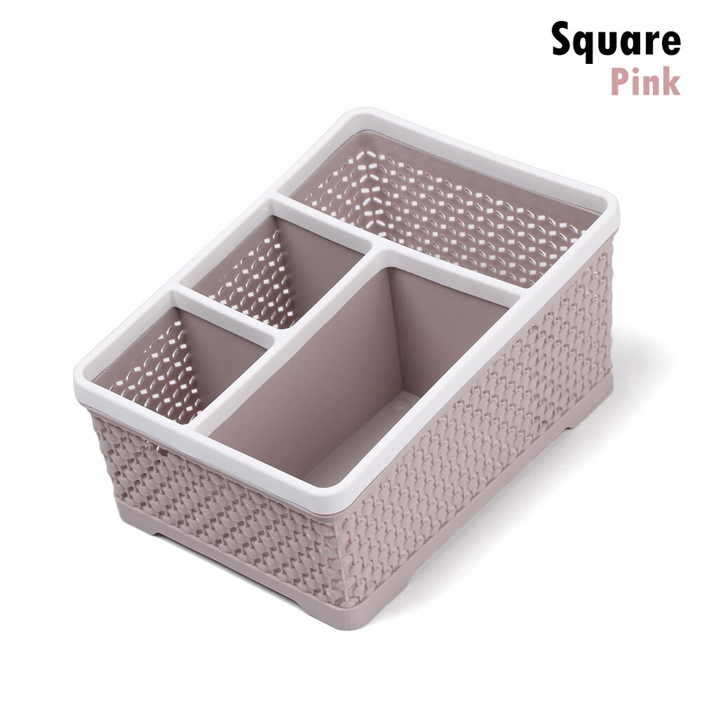 1pc rotan gevlochten multi-grid houder desktop organizer opbergdoos bureau afwerking bureau decoratie kantoorbenodigdheden schoolbenodigdheden: Vierkant roze