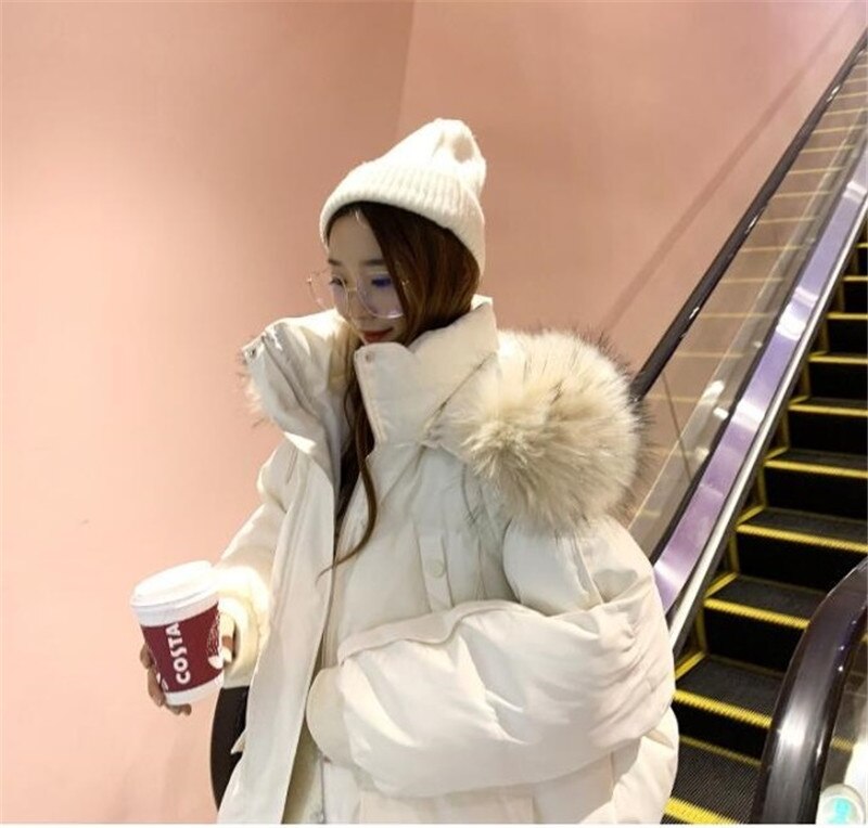 Winterjas Vrouwen Parka Grote Bontkraag Kapmantel Warm Katoen Gevoerde Parka Vrouwelijke Jas Losse Uitloper Plus size: creamy-white / S
