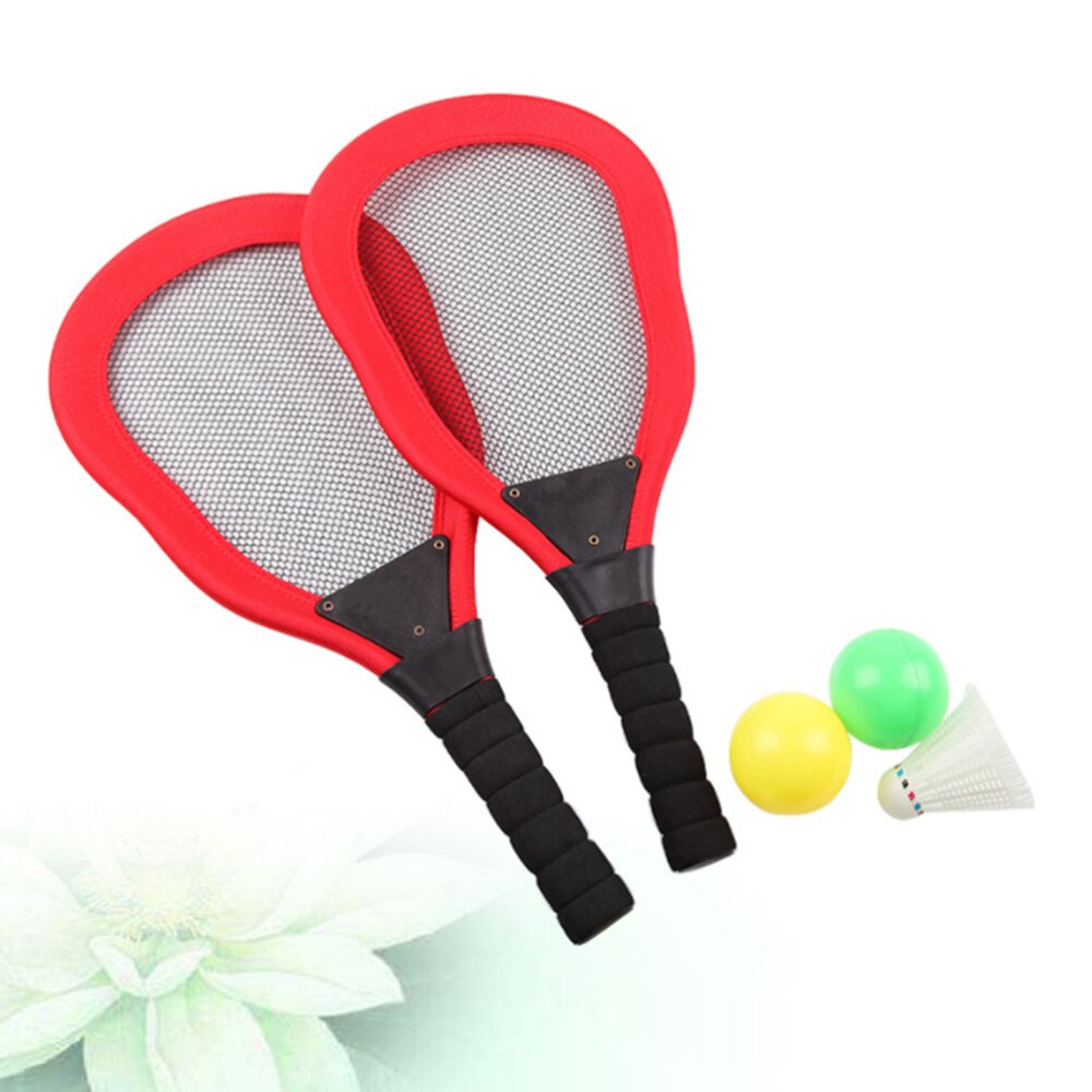 5Pcs Sport Speelgoed Kinderen Doek Art Tennisracket Badminton Strand Racket Kids Outdoor Benodigdheden (Rood 2 Stuks racket + 1Pc Badminton