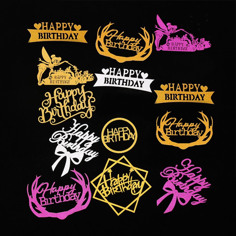 diversa brillante Feliz cumpleaños 1 pieza acrílico dorado plateado Flash Cake Topper Insertar tarjeta para pastel decoración para de cumpleaños