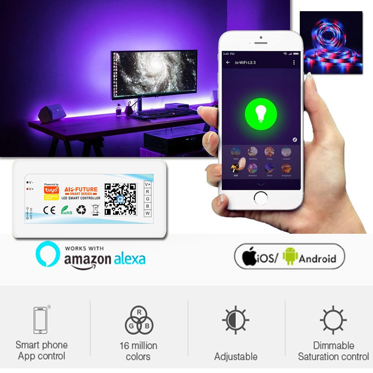 DC 5-24V Wifi Smart Controller Alexa Google Home Voice Single color/CCT/RGB/RGBWW/RGBCCT LED Strip Lights Change/Dimmer/Timer