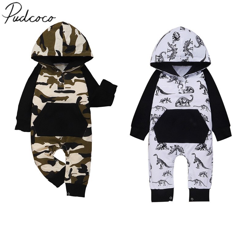 2019 Primavera Outono Bebê Roupa Infantil Roupas de Bebê Menino Manga Longa Dinossauro/Camuflagem Bolso Romper Macacões Outfit Geral