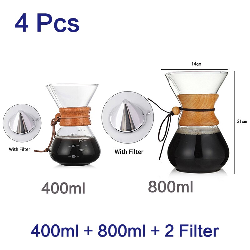 400ml 600ml 800ml Espresso Coffe Machine tea water Pot set Stainless Steel Filter Pot Resistant Glass Maker Coffee Pot: 400ml-800ml set