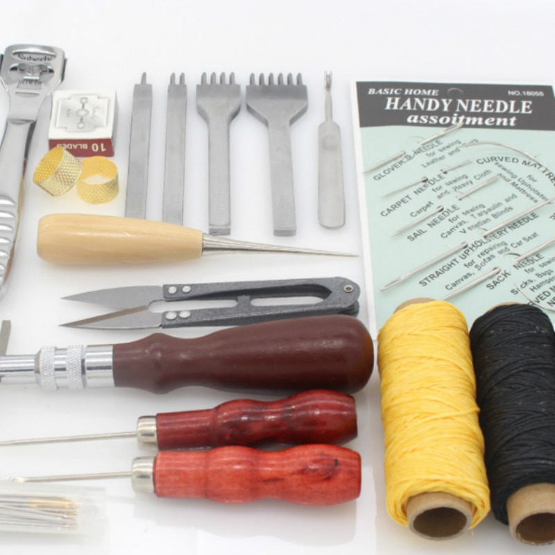 Leather Craft Hand Stitching Sewing Tool Kit Skiving Sewing Tool Set Thread Awl Waxed Tweezers Thimble Groover