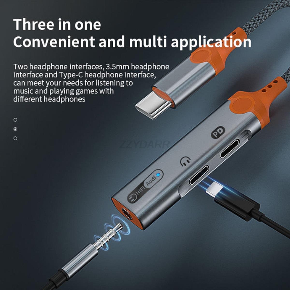 Type-C Headphone Adapter 3 in 1 USB C to 3.5mm Audio Converter USB C Audio Splitter and 60W Charging for iPhone15 Galaxy S23 S22