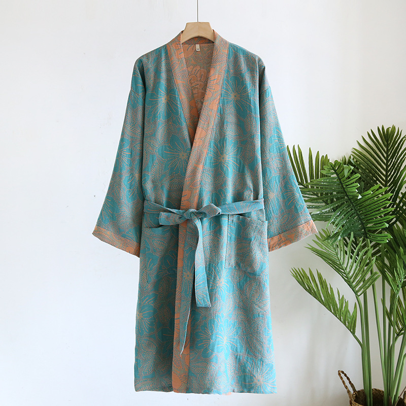 Batas de algodón puro para mujer, albornoz de manga 3/4 para primavera y otoño, batas de mañana estampadas para mujer, ropa holgada para el hogar, batas para dormir: L / Azul cielo