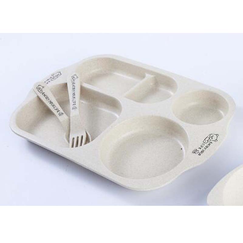 Cartoon Baby Dishes Wheat Fiber Sub-grid Plates Irregular Children Tableware For Infant Toddler Kids Feeding Utensils: Beige Word SquareSet