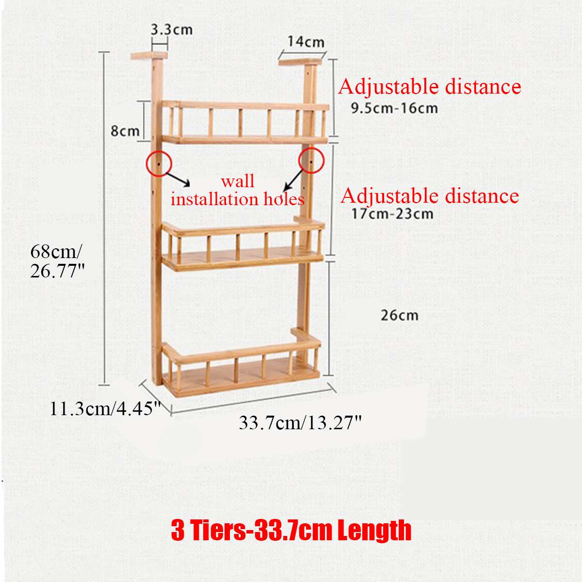 Multi-Layer Bamboo Adjustable Refrigerator Shelf Fridge Side Rack Sidewall Holder Kitchen Supplies Organizer Side Hanging Rack: 3 Tiers-33.7cm