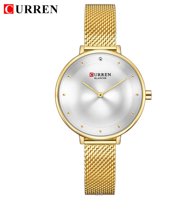 Womens Gold Horloge Mode Strass Quartz Dames Armband Horloges CURREN Vrouwelijke Klok Staal Mesh relogio feminino: gold white