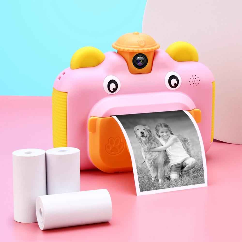 Cámara de impresión instantánea para niños, cámara Digital de dibujos animados Polaroid HD 1080P con 3 rollos de papel fotográfico térmico, para niños y niñas, bricolaje