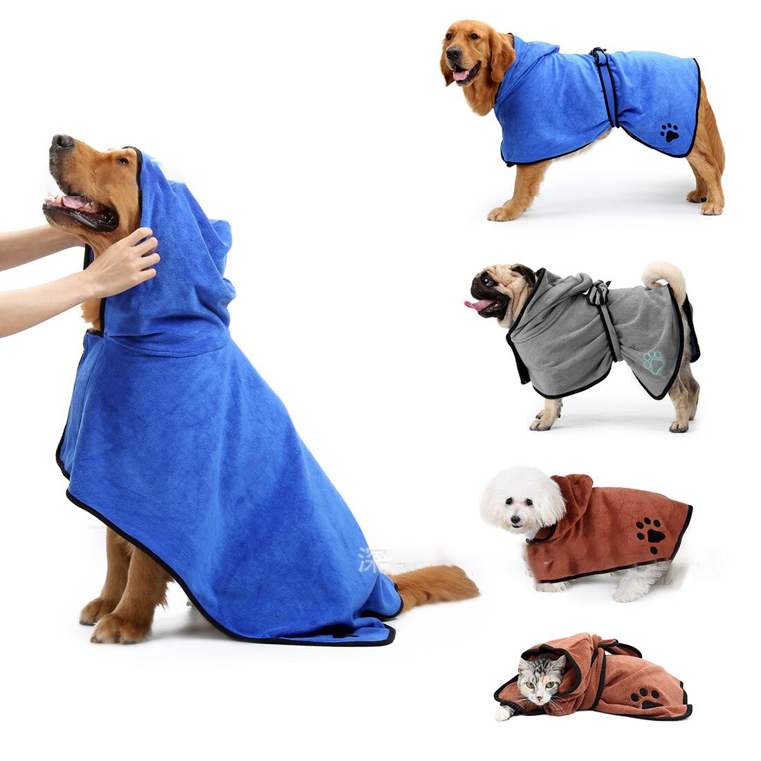 Pet Bathrobe Dog Towel - 100% Cotton - Absorbent Cat Drying Coat - XS-XL