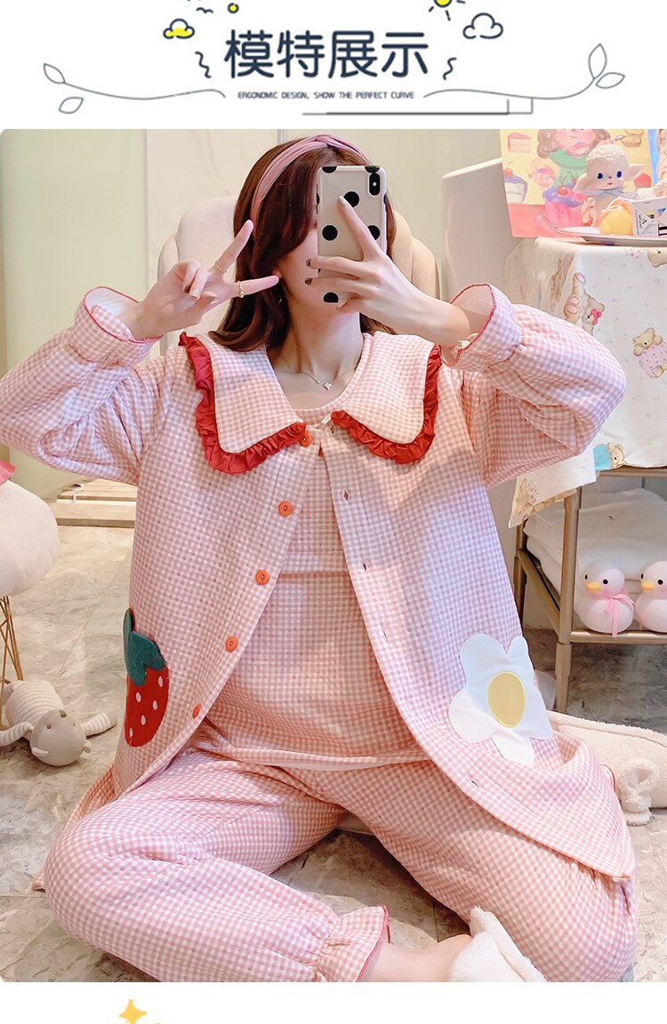 soins infirmiers vêtements de maternité hiver coton pyjamas pour grossesse femmes manteau + veste + pantalon 3 pièces vêtements de nuit de maternité D0050: PINK / L