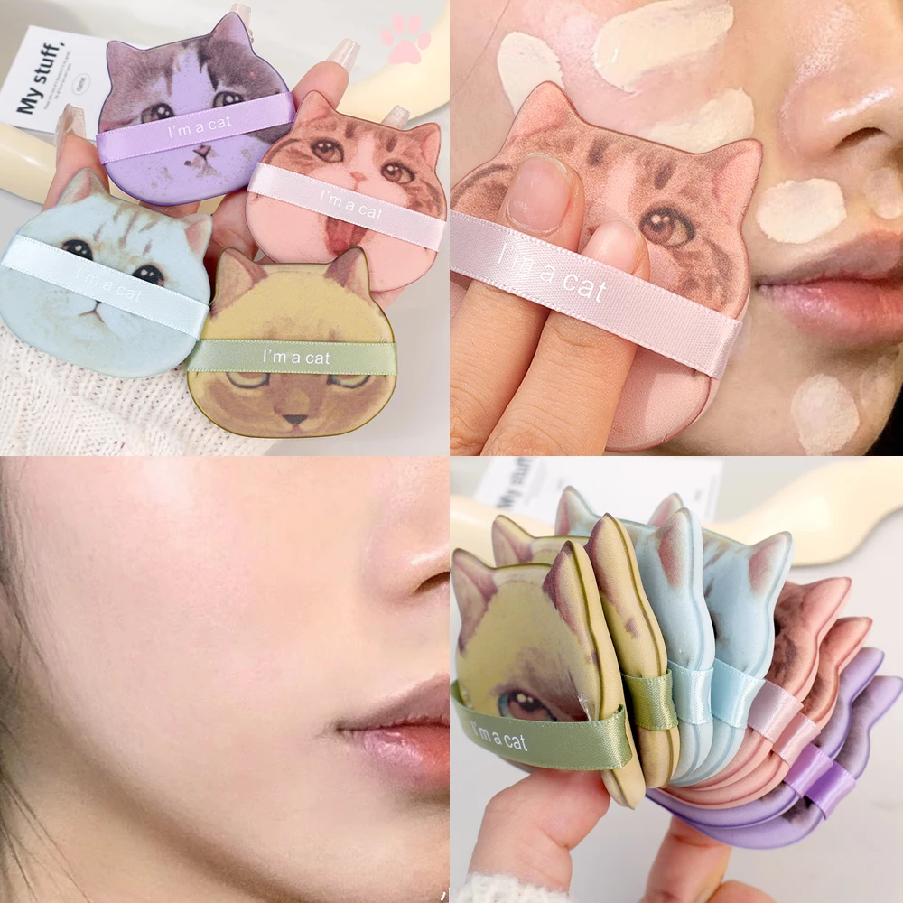 10 st söt katt sminkpuff foundation kosmetisk puff slät puder concealer skönhet torr och våt puderpuff med dubbel användning sminkverktyg