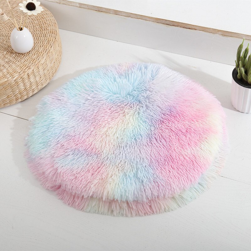 Ronde Hond Bed Mat Lange Pluche Kat Deken Pluizige Lounger Hond Kussen Warm Huisdier Bed Huis Voor Kleine Grote Honden katten Dierbenodigdheden: Rainbow / diameter 50 cm