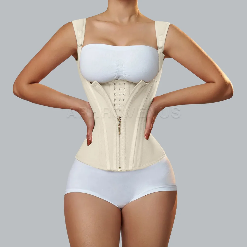 Fajas Colombianas – Corset d'entraînement de taille à Double Compression pour femmes, avec fermeture éclair réglable en os et yeux à crochet, modelant le ventre plat: XL / Ivoire