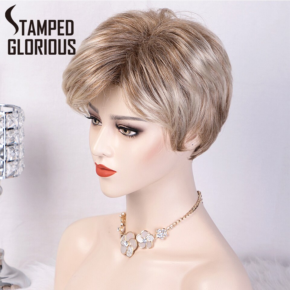 Stamped Glorious Korte Ombre Blonde Pruik Met Pony Lichtbruin Bob Pruik Natuurlijke Haar Synthetische Pruiken Voor Vrouwen Side Deel