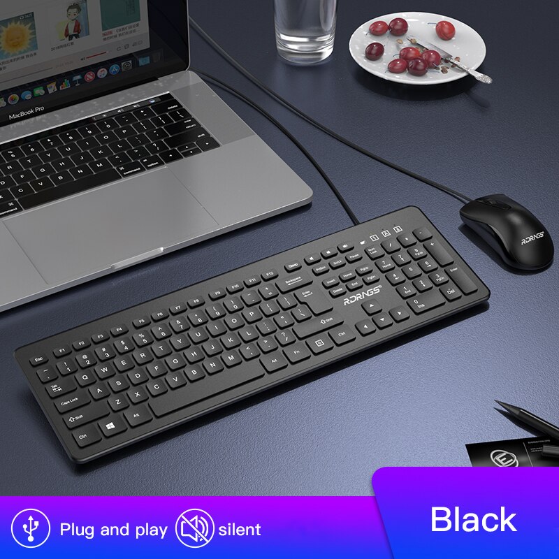 2.4g draadloze multimedia toetsenbord en muis mini usb ergonomische mute optische toetsenbord muis combo set voor notebook laptop mac pc: Bekabelde set zwart