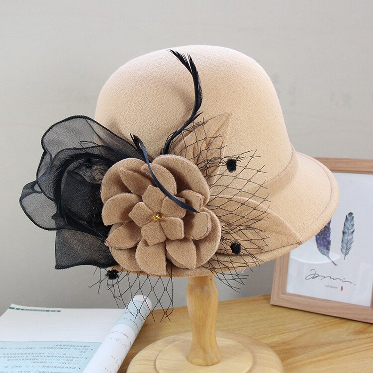 Sombreros de novia Vintage con flor de lana, tocado de pelo , sombrero de noche, velo de novia, accesorios de boda,