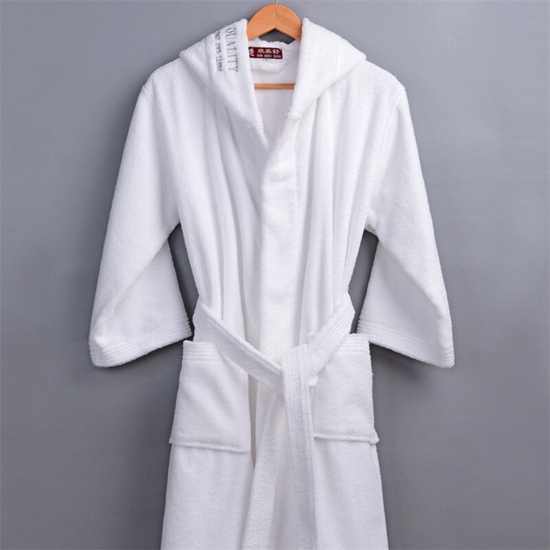 Super lang hæftede bomulds badekåbe mænd kvinder par pyjamas voksen bomuld natkjoler varme badekåber håndklæde badekåbe: Hvid / Xl