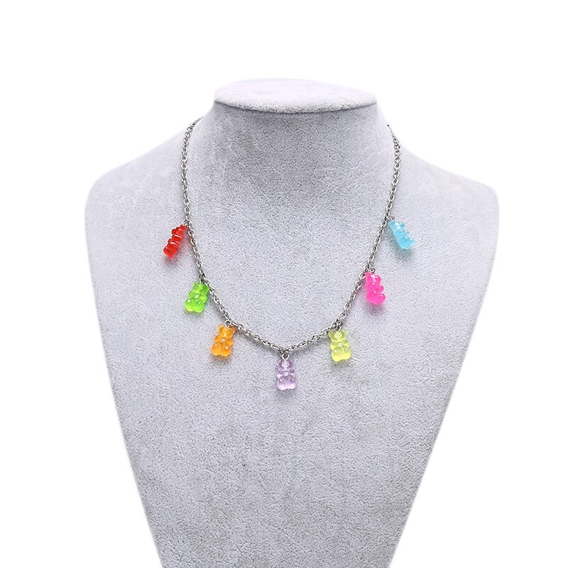 7 Color Titanium Steel/Alloy Handmade candy color Cute Judy Cartoon Bear charm Necklace For Women Girl Daily Jewelry Party: Titanium steel chain