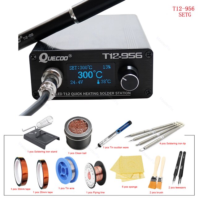 Quecoo T12-956 stazione digitale di saldatura Oled con manico in metallo nero M8 e punte per saldatore T12 spina ue predefinita