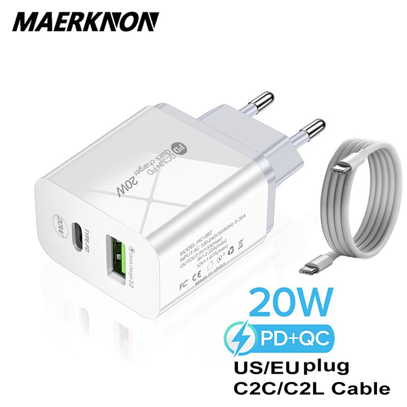 PD 20W ładowarka USB C QC + PD 2 Port LED szybka ładowarka ścienna do telefonu iPhone 13 12 Huawei Xiaomi Samsung szybka ładowarka