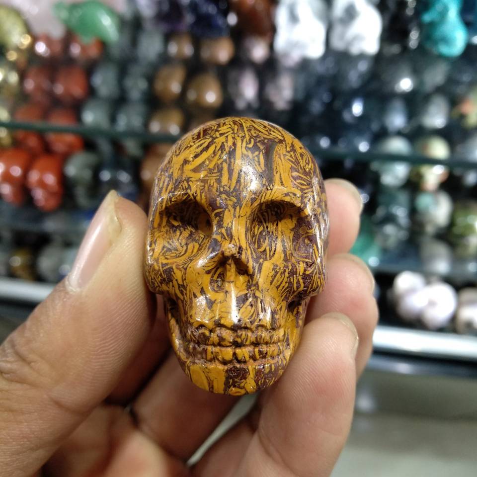 2in GOUD Bamboe Gesneden Crystal Skull, Realistisch, Crystal Healing Skelet