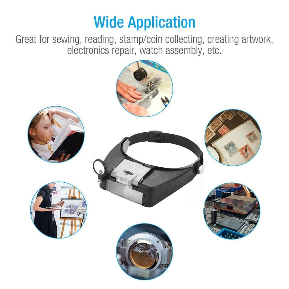 Headband Magnifier Glasses, 1.5x 3X 8.5x 10x Eyewear Magnifying Glasses with 2 LED Lights Lamp Head Magnifier Loupe For Repairs