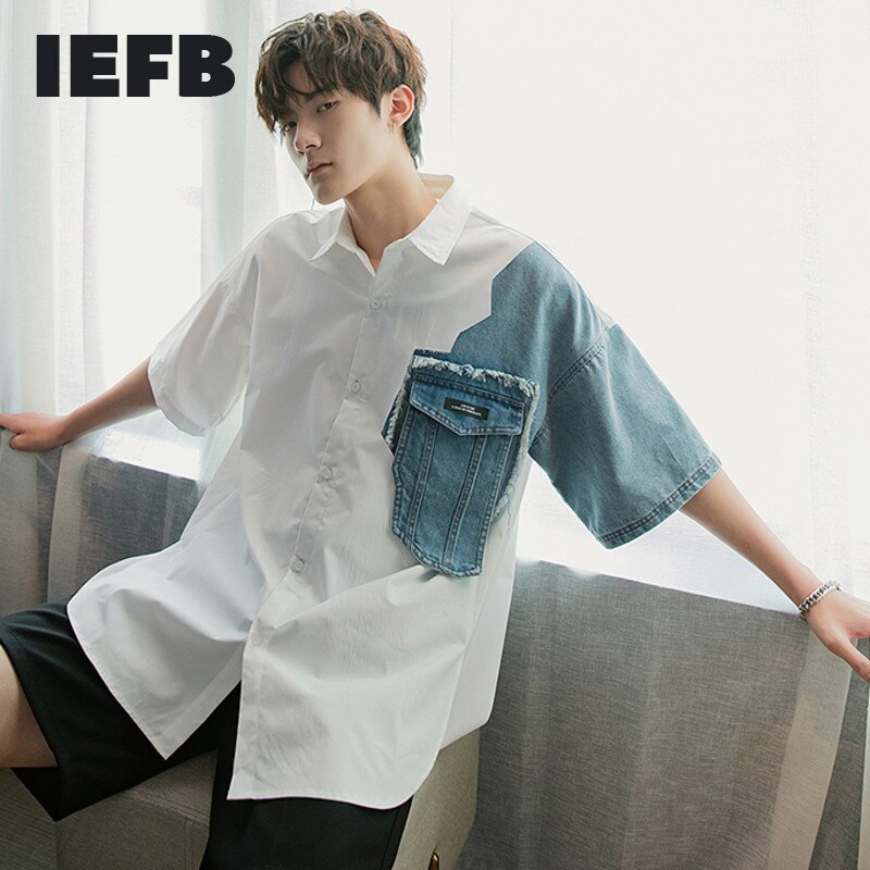 Ewq / herretøj korean denim farveblok patchwork oversize shirt med halv ærme til mandlig sommer tidevand stor størrelse top 9 y 1955