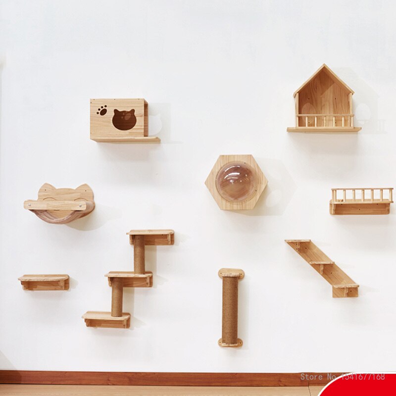 Amaca per gatti a parete letto mobili per animali domestici Set di mensole da parete per gattini gatto persico tiragraffi in legno Post da arrampicata Cat Tree House Toy
