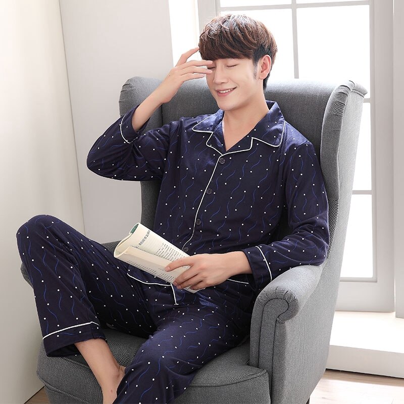 Mænd tøj mand pyjamas sæt bomuld langærmet koreansk nattøj mandlige hjemmetøj: Blå / Xl