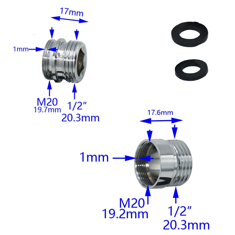 Silver Male 1/2 to M20 Female M20 male Faucet connector Brass 1/2 to 20mm Thread connector copper fittings 1pcs
