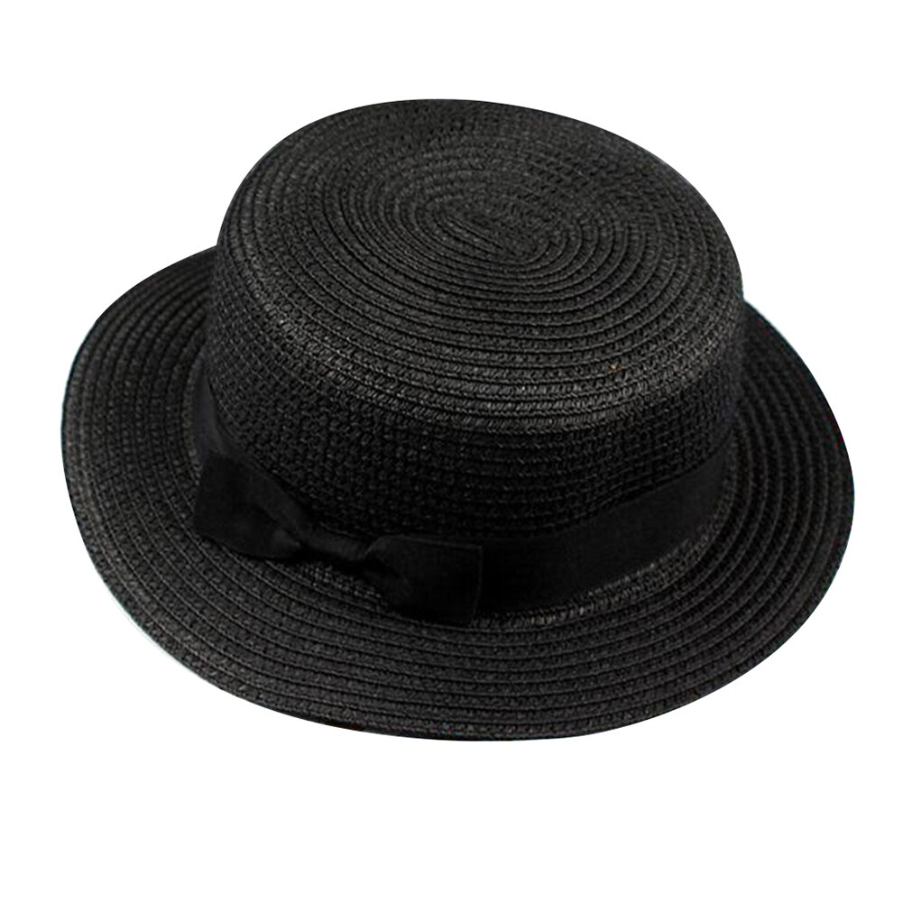 Sombrero plano redondo de paja para mujer, gorra de sol con lazo, cinta de verano, Color sólido