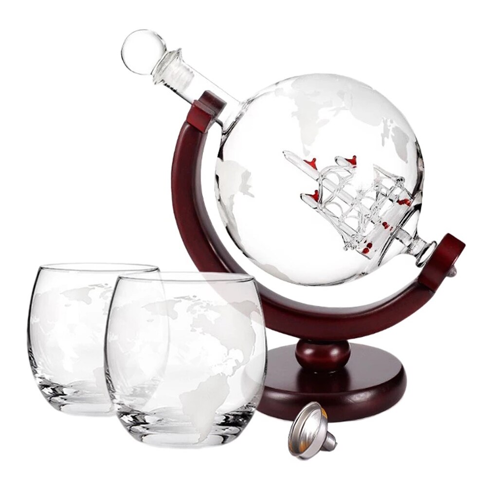 Globe Decanter Set with Lead-free Carafe Exquisite Wood-stand and 2 Whisky Glasses Whiskey Decanter Globe Grade: Set of 3