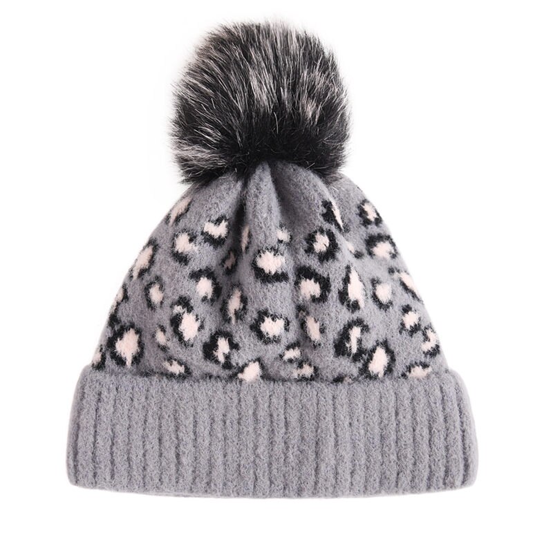 Women’s Winter Knit Hat Cap Adults Winter Warm Classic Leopard Print Beanie Cap with Big Faux Fur Pom Ladies Knitted Bomber Hats: C