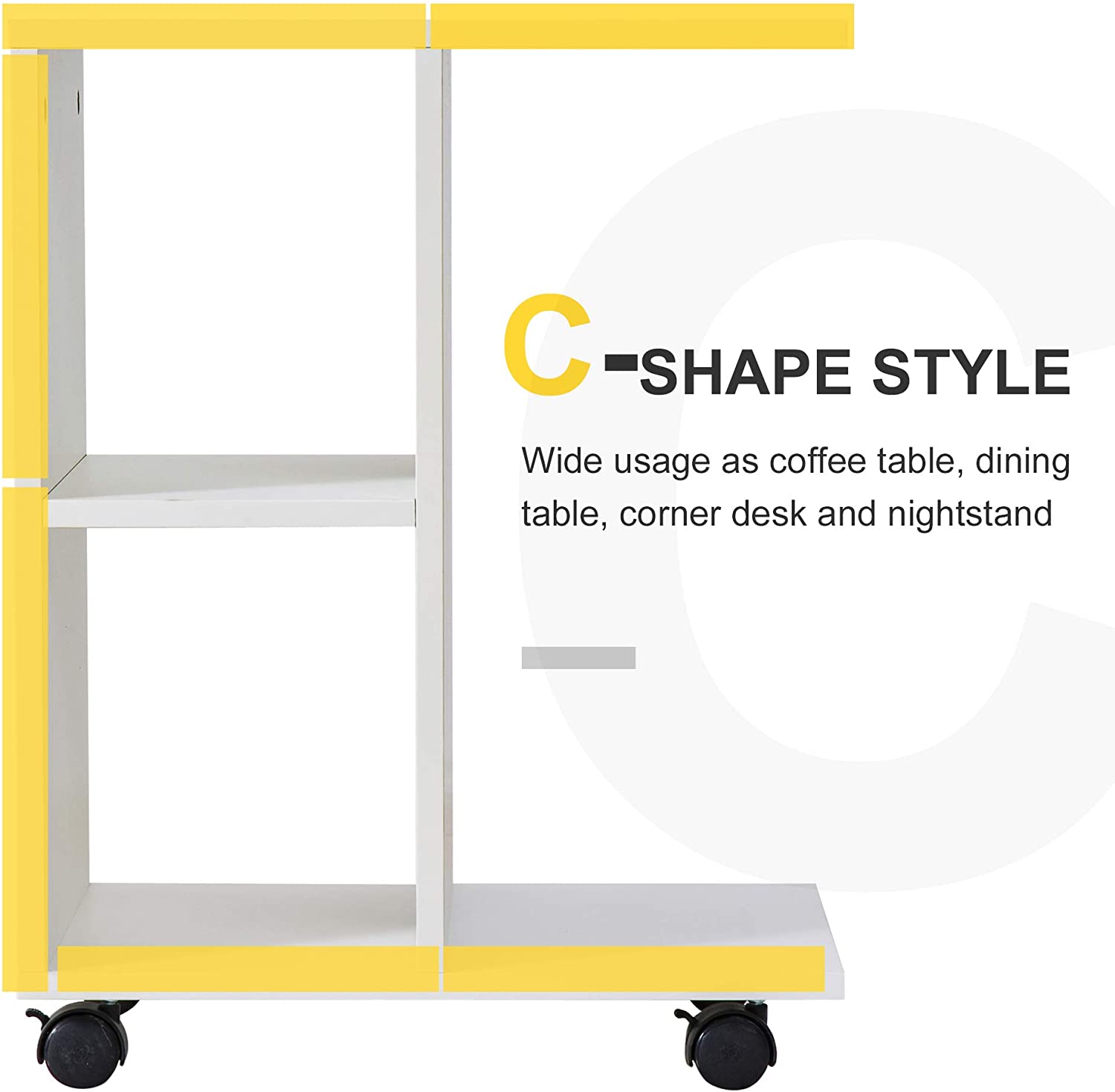 Shape End Table Unique Storage Unit w/ 2 Shelves 4 Wheels Freestanding Home Office Furniture Cabinet Square Studio White