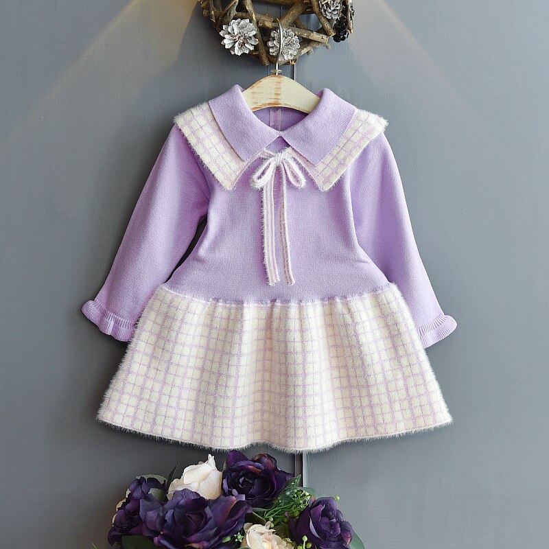 Meisjes Truien Jurk 2022 Herfst Winter College Stijl Gebreide Plaid Jurk Prinses Jurk Peuter Meisje Winter Kleding