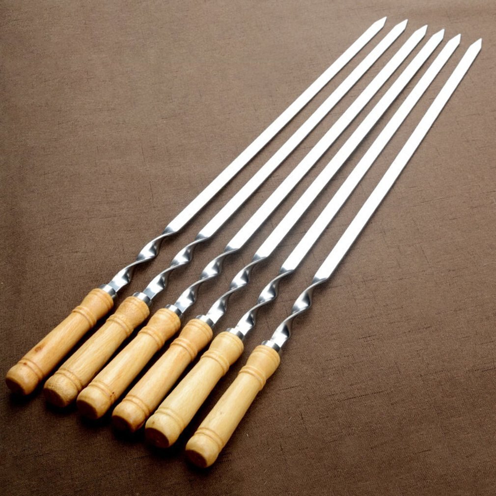 6 stk/sæt rustfrit stål store flade grillspyd med træhåndtag udendørs grillnål anti-stick