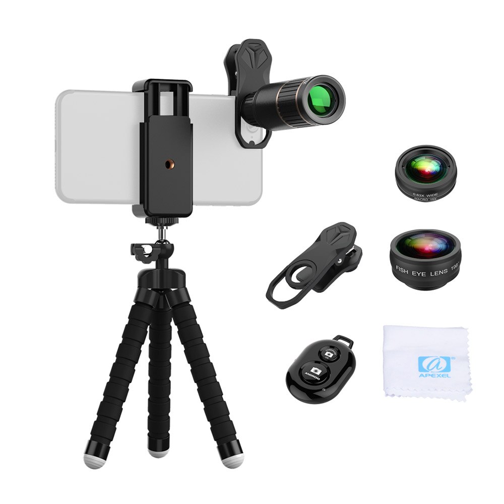 Apexel APL-JS16XBZJ5 Multifunctionele 4in1 Telefoon Lens Kit 16X Optische Telescoop Telelens 0.63X Groothoek Lens 15X Macro Lens