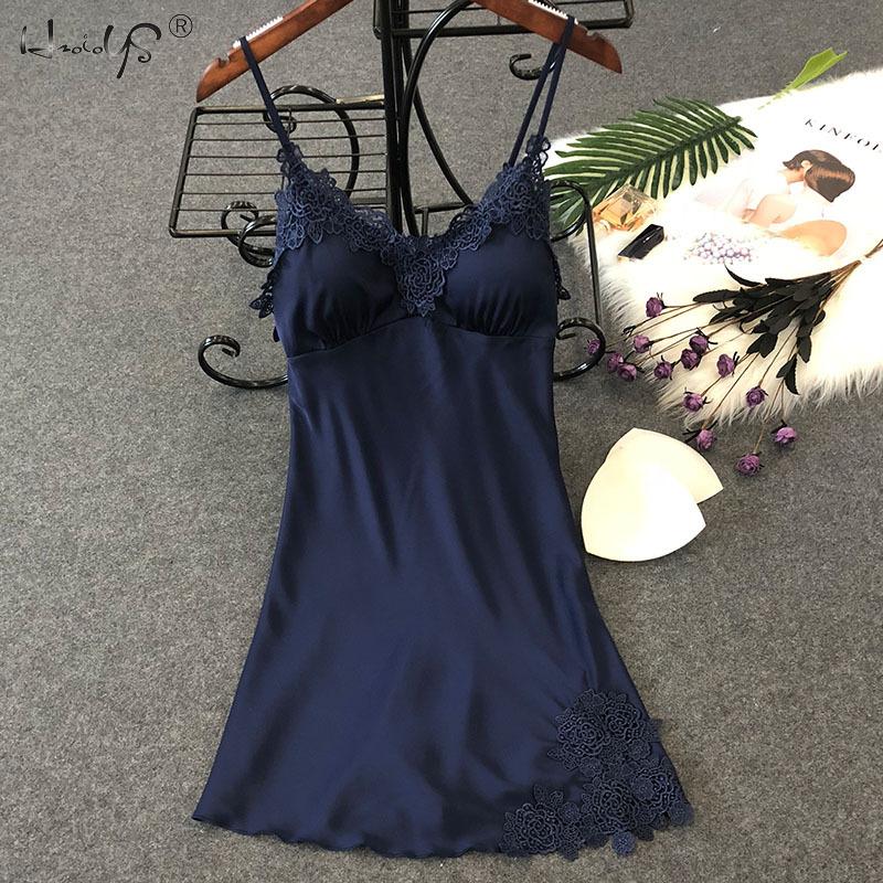 Women Silk Sleepshirts Lace Babydoll Lingerie Satin Chemise Nightgown V Neck Sleepwear Nighty Nightgown wWith Chest Pad Homewear