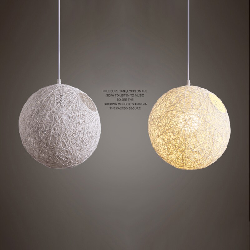 White Bamboo, Rattan And Hemp Ball Chandelier Individual Creativity Spherical Rattan Nest Lampshade