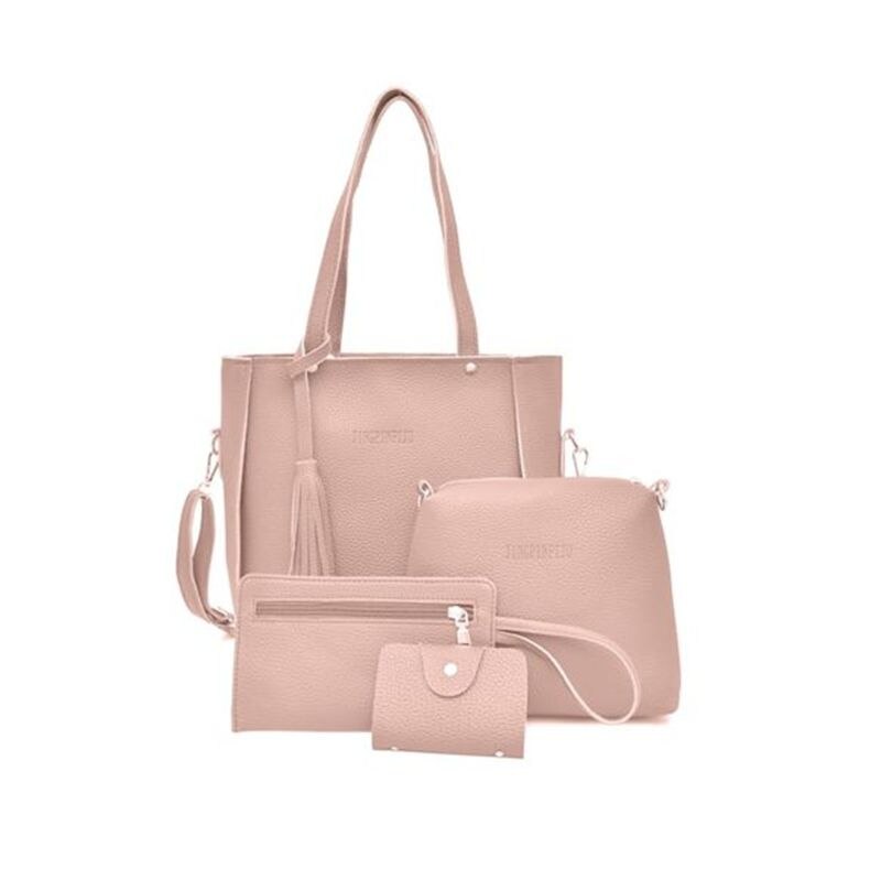 4Pcs Set Women Ladies Leather Shoulder Bags Tote Purse Satchel Messenger Bags /BY: Pink